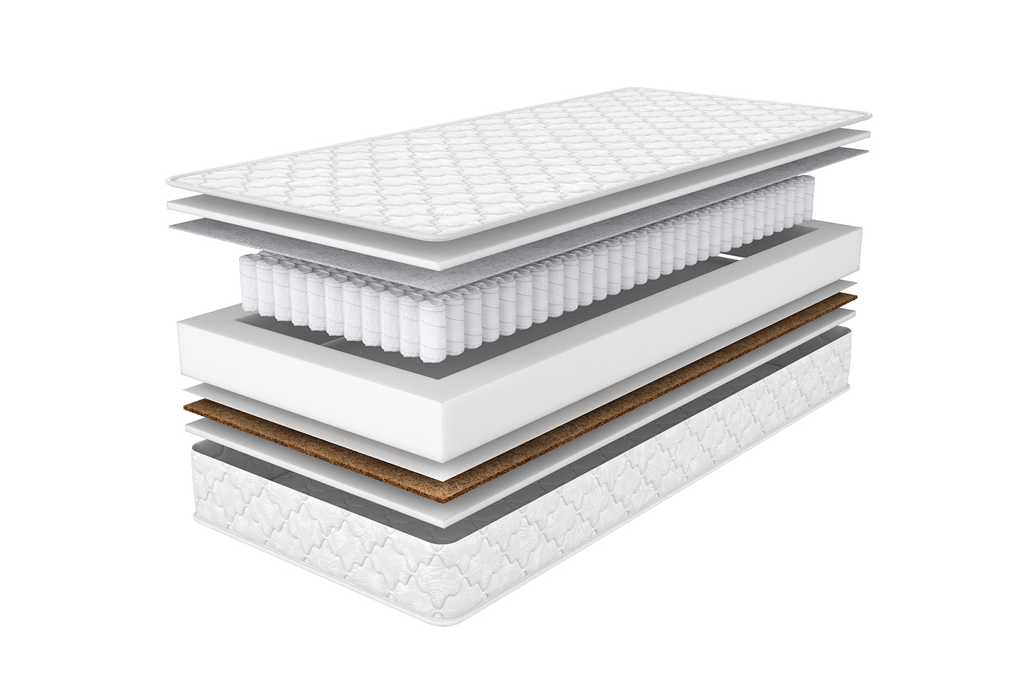 A visualization of the Courage single mattress in an explosion format